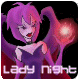 Pixelated character with purple hair and red lips in a dark dress, holding glowing pink orbs against black background.