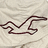 A pixelated dark brown line drawing of a stylized bird in flight on a light beige background with subtle horizontal texture.