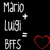 Two side-by-side pixelated text compositions with 'Mario' at top, 'Luigi' in middle, and 'BFFS' at bottom, each followed by a heart symbol that changes from red to green.