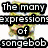Six pixelated Spongebob Squarepants expressions in a , each with overlaid text: "The many expressions of songebob," "OMG!!," "YES!!!," "GIGGLE!," "RAWRI!," and "HOLY SHIT."