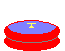 Pixel art animation of a white round character with red cheeks and yellow antenna emerging from a blue circular platform on a red base, transitioning through