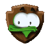 Brown shield-shaped icon with large white eyes and green scarf, showing eye movement from left to right
