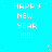Pixelated 'HAPPY NEW YEAR' text with exclamation marks on cyan background, scattered white dots, and gray rectangle in bottom-right corner.