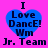 Four identical blue heart-shaped icons with black text on a pink background, each displaying "I Love Dance! Wm Jr. Team" in pixelated font.