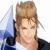 Pixelated image of a person with light brown hair styled upward, wearing dark clothing and holding a blue triangular object against a white background.