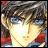 Anime-style character with brown hair and blue eyes, wearing red and blue clothing, next to pixelated text on black background.