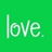 Green background with pixelated white text reading 'love.' in lowercase letters, including a period.