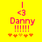 Pixelated yellow background with pink text and symbols, showing 'Danny' below '<3', six exclamation marks, and five orange star-like shapes at the bottom.
