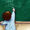 A pixelated figure with brown hair in a light blue checkered shirt writes on a green chalkboard with white chalk, showing math equations.