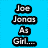 A split-screen image with blue and yellow backgrounds displaying text about Joe Jonas as a girl, alongside a person with long dark hair pointing.
