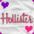 Pixelated heart shapes in purple and pink float over a repeating 'Hollister' text on a white fabric background.