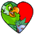 Pixelated heart-shaped icon with green and red halves, featuring a stylized bird-like creature on the left side against a gray background.