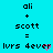 A static image with cyan background displaying repeated text 'ali + scott = lurs 4ever' with pink heart symbols, arranged in a of three and three