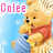 Pixelated image of a light brown bear wearing a red scarf holding a blue object against a light blue background with pink text reading 'Colee' in the top left.