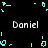 Pixelated cyan geometric shapes animate around four instances of the name Daniel on a black background.
