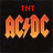 AC/DC logo in orange flame-like letters with red text above on black background, displayed in a with partial text visible