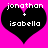 Two identical pixelated black hearts on a bright pink background, each containing white text reading 'jonathan' above '+' and 'isabella' below.