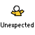 Pixelated yellow figure with white head and outstretched arms, interacting with a colorful dragon-like creature against gray background, text 'Unexpected' repeated below.
