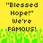 Yellow background with black pixelated text reading "Blessed Hope!" We're FAMOUS! and green pixelated grass-like shapes at the bottom.