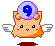 Pixel art contact sheet of a cartoon hamster-like character with wings and a purple orb containing the number 9, displayed across nine frames showing different expressions and wing positions on a gray background.