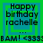 Pixelated birthday message icon with green and blue layers, displaying 'Happy birthday rachelle' and 'BAM! <333' text across four identical