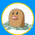 Pixelated cartoon character with brown body and pink mouth inside circular frame on blue background, next to green text logo on dark green background.