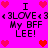 Pixelated pink background with red hearts and black text reading 'I <<3LOVE<<3<<3LOVE<<3 My BFF LEE!' repeated twice in a pattern