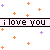 Animated icon with repeating 'i love you' text on pink bars, scattered multicolored plus signs against white background.