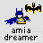 Pixelated Batman icon with blue cape and yellow chest emblem, next to black-and-yellow bat symbol above text reading amia dreamer on light gray background.