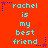 A static image with a bright red background displays the phrase 'rachel is my best friend' in light blue pixelated text, repeated three times horizontally and two times vertically.