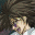 Pixelated cartoon character with dark hair and light skin, wearing a white shirt with a blue collar, against a dark background.