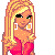 Pixel art contact sheet showing three frames of an animated buddy icon featuring a blonde woman in red attire with pink text reading "why is it who does not that we fall fall for us? for the one".