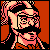Pixelated static icon of a character with black hair, pink highlights, and glasses against an orange background.