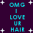 Pixelated cyan text on dark purple background with white stars, displaying "OMG I LOVE UR HAIR" in two vertical