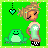 A 4x4 contact sheet of animated AIM buddy icons featuring a green background, cartoon frog mascot, and text variations with heart symbols.