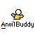 A 5-frame animated contact sheet showing a yellow stick figure with white head and black top hat, performing motion cycles above the text "AnvilBuddy" on gray background.