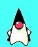 Pixelated character with black triangular head, red circular eye, and beige body waves arms in multiple positions against cyan background.