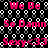 Pixelated text repeats across a black background with white circular patterns, displaying phrases in pink and red hues.