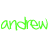 Green and gray 'andrew' text appears above red 'andrew' text on white background with partial gray rectangle.