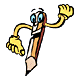 Animated pencil character with blue eyes and yellow limbs in four distinct poses against gray background.