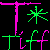 Pixelated animated contact sheet showing two frames of a 2D game-like animation with pink and green geometric shapes on black background
