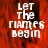 Red background with white pixelated text reading "LET THE GIAMES BEGIN" in four , one grayed out