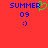 Red background with blue text 'SUMMER 09' and a smiley face, featuring a green heart symbol replacing the letter 'O' in 'SUMMER'.