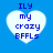 Four identical heart-shaped icons with blue text on a white background, set against a solid blue backdrop. Each icon displays the phrase "ILY my crazy BFFLs" in pixelated font.