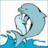 Pixelated light blue dolphin with a white underbelly and black outlines, positioned above stylized turquoise water waves on a white background.