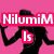 A split-screen animated icon with a pink background on the left showing a black silhouette holding a pink 'Is' box and a red 'NilumiM' banner, and a purple background on the right with a yellow-orange explosion and a purple 'Random' banner.