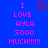 Blue background with pink pixelated text reading "I LOVE AYLA 5000 MUCH!!!!!" and a red heart symbol above the text.