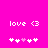 Pixelated pink background with white text 'love <3' and five heart symbols, two of which are light purple.