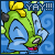 Pixelated green plushie character with yellow bow and black horns holding blue cloud-like shapes, displaying "YAY!!!" text above in a two-frame animation showing slight pose variation.