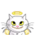 Animated contact sheet of a white cat mascot with yellow eyes and pink nose, wearing golden paw pads, displaying multiple headgear variations including halos and top hats across sampled frames.